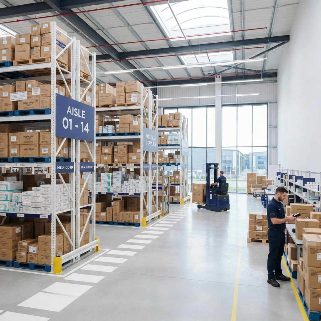 Modern, organized medical supplies distribution warehouse
